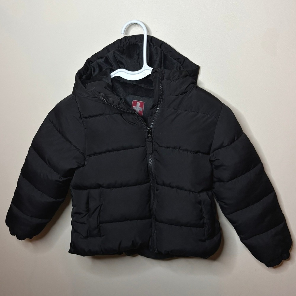 SwissTech Kids Black Puffer Jacket Hooded Fleece Lined Winter Coat Bubble XS 4-5